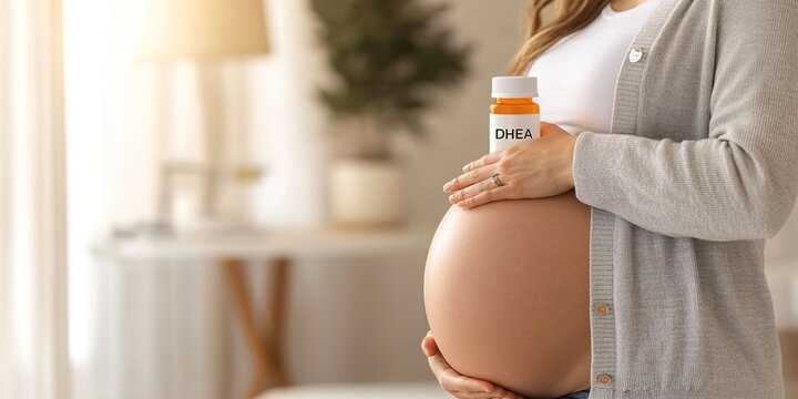 Pregnant woman holding DHEA bottle indoors.