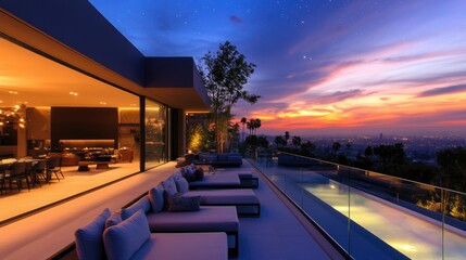 Obraz premium Modern balcony design with glass railings, minimalist lounge furniture, and soft ambient lighting under the stars.