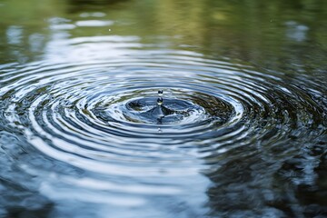 A close-up image of water ripples created by a drop, capturing serene reflections and natural beauty in a tranquil setting.