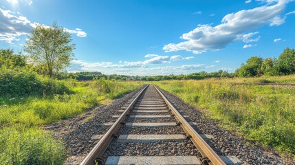 Fototapeta premium Perspective view of a railroad switch system on a bright sunny day, metal rails glistening under clear skies, stretching into the distance surrounded by greenery