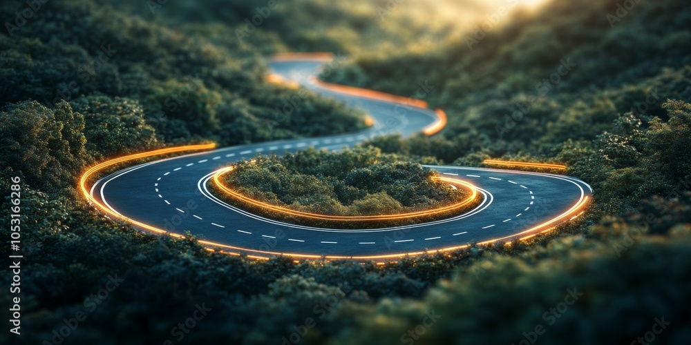 Poster abstract map of winding road, minimalist design emphasizing a curving path, vibrant colors and smoot