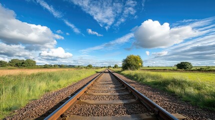 Fototapeta premium Perspective view of a railway switch system in the countryside, showcasing the engineering of interlocking tracks under a vibrant blue sky
