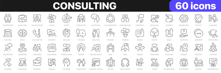 Consulting line icons collection. Coach, analysis, teamwork, webinar, consultant icons. UI icon set. Thin outline icons pack. Vector illustration EPS10