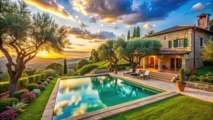 Luxurious Villa with Swimming Pool Surrounded by Olive Trees in Tranquil Rural Setting, Perfect for Relaxation and Comfort