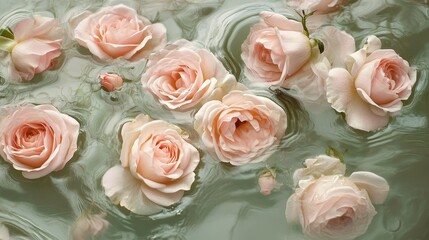 Pink roses gently floating in water, ripples moving softly around them, an overhead view showing the serene composition.