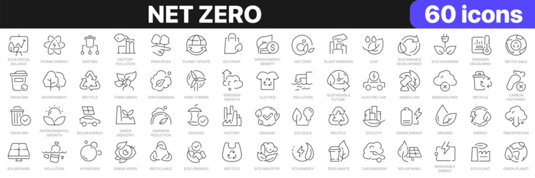 Net zero line icons collection. Sorting, recyclable, electric car, organic, solar energy icons. UI icon set. Thin outline icons pack. Vector illustration EPS10