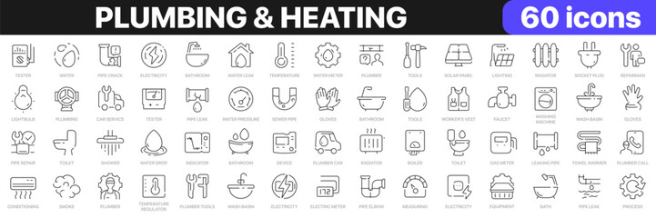 Plumbing and heating line icons collection. Bathroom, pipe, faucet, radiator, boiler icons. UI icon set. Thin outline icons pack. Vector illustration EPS10