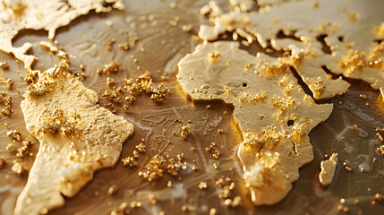 Close-up of a textured world map with gold accents and glitter, symbolizing global wealth, luxury, and economic influence across continents