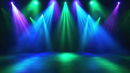Shining green, blue, and violet spotlights glow in a darkened venue, creating a vibrant, energetic stage effect