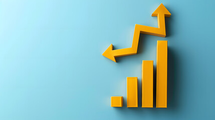 Fototapeta premium Yellow 3D bar chart with upward and downward arrow on a blue background, representing market trends, growth, and analysis