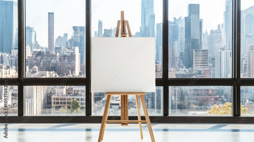 Poster blank canvas with cityscape view: a pristine white canvas rests on an easel, capturing the vibrant e