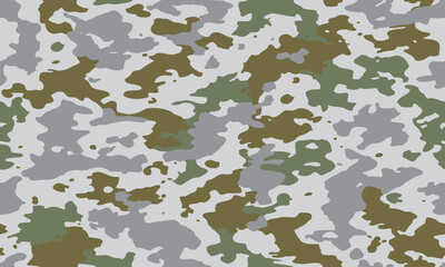 Camouflage seamless pattern. Trendy style camo, repeat print. Vector illustration. Khaki texture, military army green and gray hunting