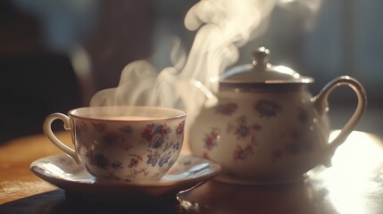 Steaming Cup of Tea with a Floral Design