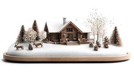 Naklejka premium A Cozy Christmas Snow Globe Featuring a Rustic Cabin Amidst Snowy Pines and Gentle Reindeer. Christmas in Snow Globe Concept