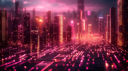 Obraz premium A futuristic city skyline with neon lights and a digital grid in the foreground, with a pink and orange gradient.
