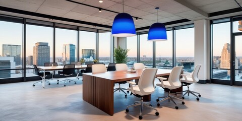 Modern office interior, floor-to-ceiling windows, panoramic city view, sleek wooden desk, ergonomic office chairs, contemporary lighting, minimalist design, open workspace, urban skyline, natural ligh