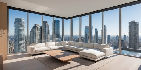 Fototapeta premium Luxurious penthouse apartment, floor-to-ceiling windows, panoramic city skyline view, modern minimalist furniture, white leather sofa, glass coffee table, neutral color palette, spacious living room, 