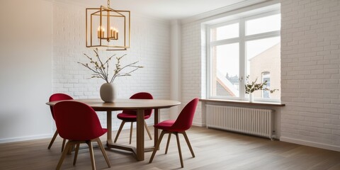 Fototapeta premium Modern dining room, minimalist design, round wooden table, red velvet chairs, geometric gold pendant light, white brick wall, hardwood floors, large windows, natural light, white tree branch sculpture