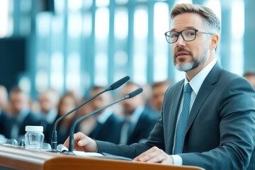 A professional speaker addresses an audience at a conference, conveying authority and engagement in a modern meeting space.