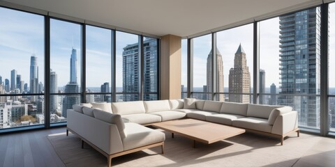 Fototapeta premium Luxurious penthouse apartment, floor-to-ceiling windows, panoramic city skyline view, modern minimalist furniture, white leather sofa, glass coffee table, neutral color palette, spacious living room, 