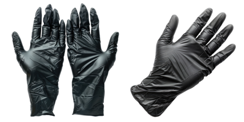 Black disposable gloves on a white isolated background.Transparent background