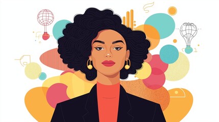 A confident woman CEO stands against a vibrant backdrop of abstract shapes, showcasing her leadership in a modern corporate environment