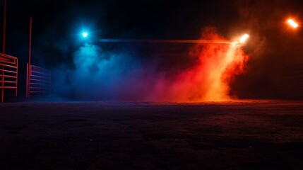 Fototapeta premium A dark, empty space with a red and blue spotlight shining through thick smoke, creating a dramatic, mysterious scene.