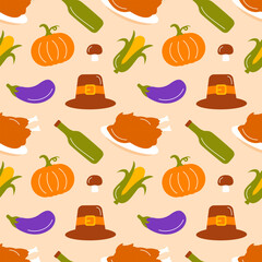 Festive Thanksgiving Day Seamless Pattern Template with Flat Style Cartoon Elements Illustration