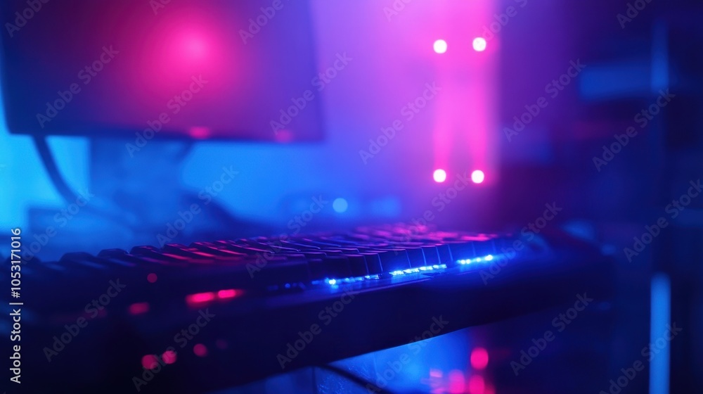 Poster a close-up of a gaming keyboard illuminated with colorful lights in a tech-focused environment.