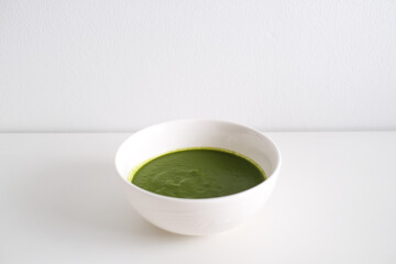 Vegetarian creamy broccoli and spinach soup, Fresh healthy green soup.