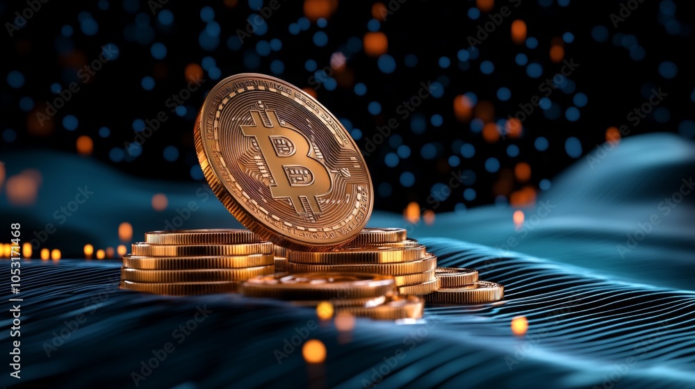 Poster digital gold coins in abstract data points