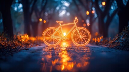Obraz premium Glowing Bicycle Silhouette in a Dark Forest