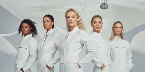 Obraz premium A successful woman CEO stands confidently with fellow executives, showcasing leadership and empowerment in a modern, stylish setting during a corporate photoshoot