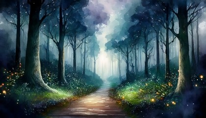 Obraz premium Mystical forest pathway with glowing lights