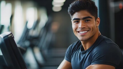 Fototapeta premium Happy young hispanic man sitting on a treadmill. 