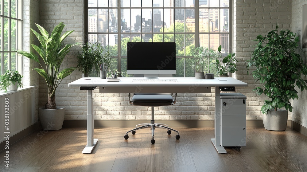 Poster modern office workspace with plants and a computer setup.