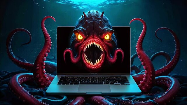 A monstrous octopus tentacles grip a laptop with its face and glowing eyes on the screen.