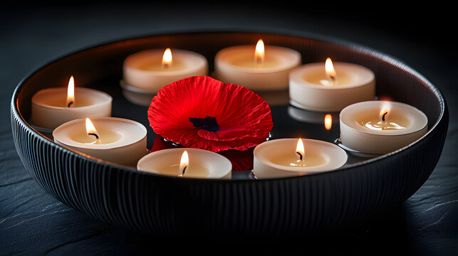 Elegant Arrangement of White Candles in a Black Dish with a Red Poppy Petal for a Serene Remembrance Atmosphere