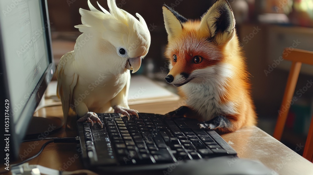 Poster a white cockatoo and a red fox are working on a computer together. they are both looking at the keyb