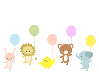風船にぶら下がる動物たちのイラスト