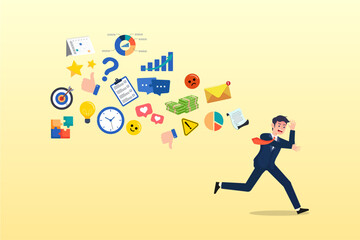 Frustrated businessman run away from flying social and work information, information overload, excess distraction or overworked, overwhelmed data consume, problem with schedule or workload concept