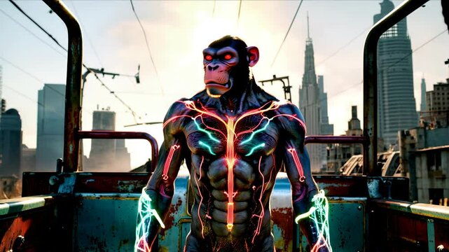 Cybernetic fighting chimpanzee. The body half consisting of metal elements is intertwined with neon.