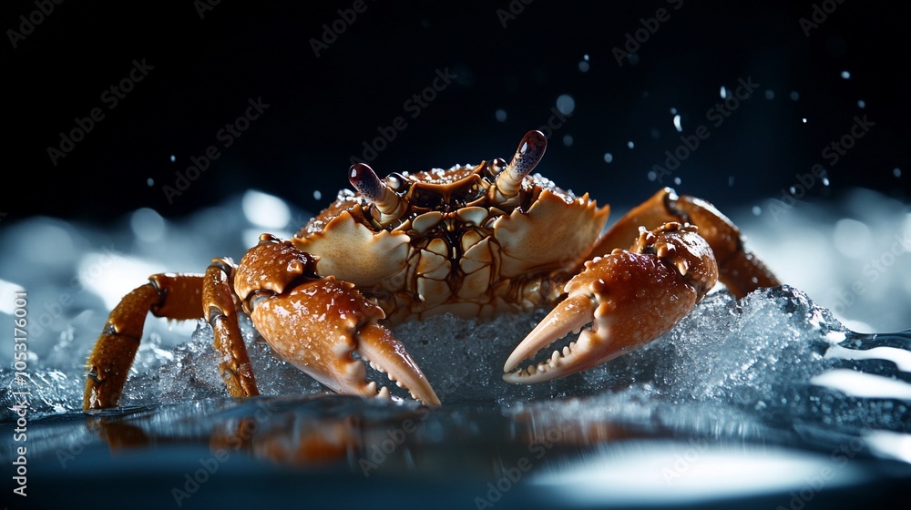 Aufkleber a close-up of a crab on a black background with water droplets splashing around it.