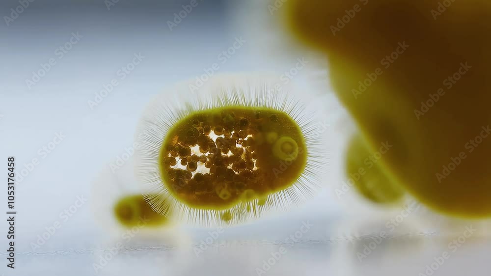 Poster close-up image of microorganism with hair-like structures in soft-focused environment