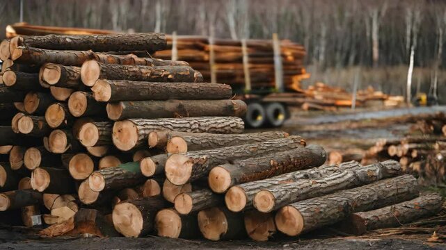 A stack of cut logs beside a truck in a logging area.