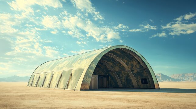 Futuristic Desert Hangar: A large, arched metal structure stands in a desolate desert landscape, bathed in the warm glow of the setting sun. - Powered by Adobe