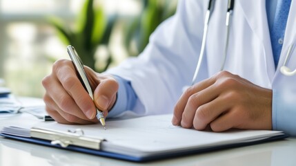 Medical professional writing prescription with pen for patient care