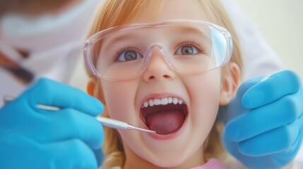 Child at dentist with protective eyewear during dental checkup