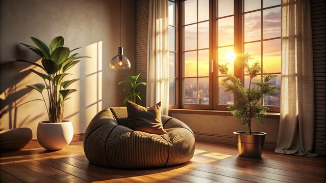 Soft Sepia Room with Bean Bag Chair and Orchid in Evening Light