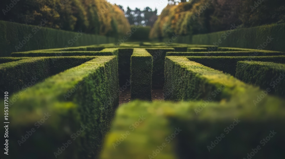 Poster green maze labyrinth: intriguing perspective of a lush green hedge maze, creating a sense of mystery